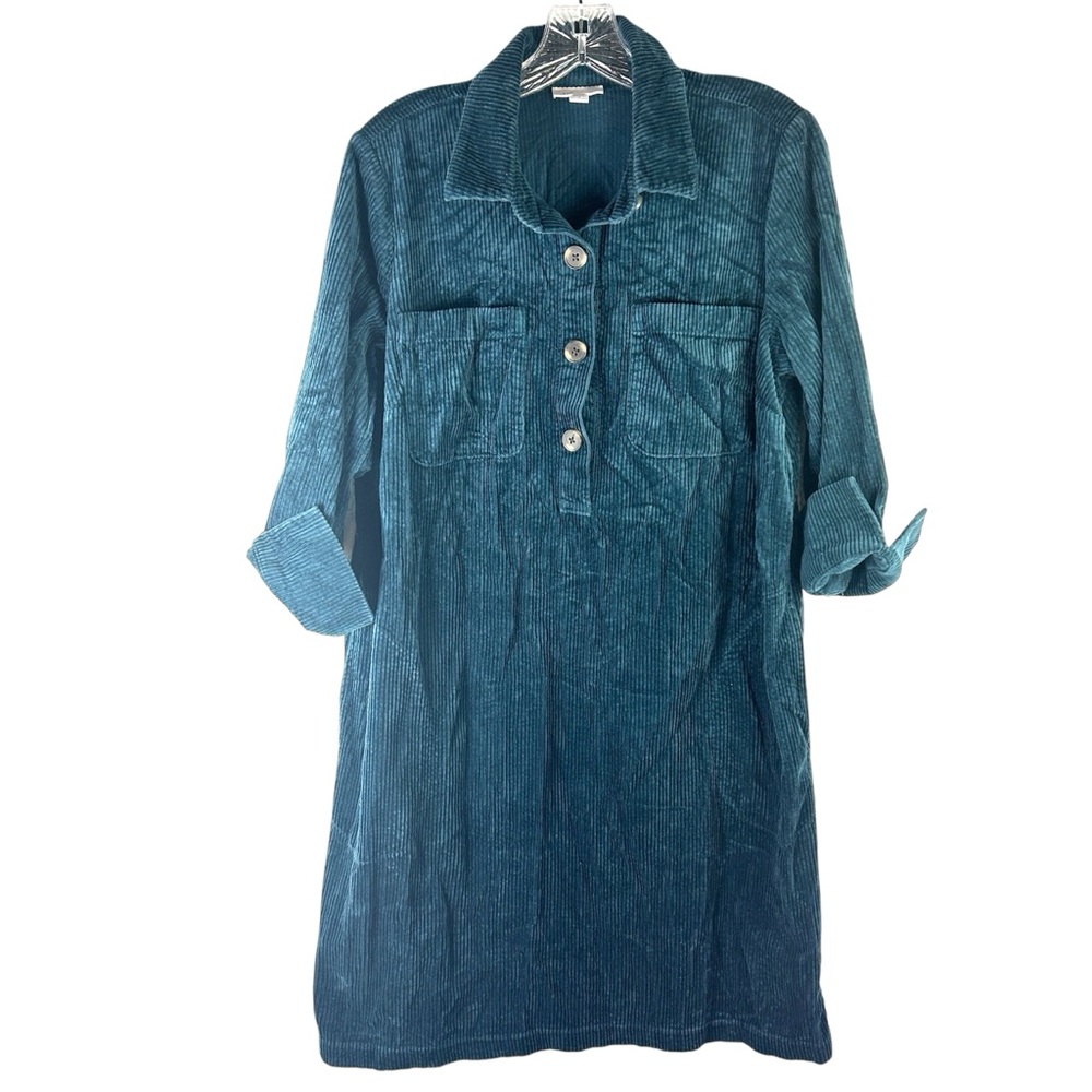 J Jill Corduroy Shirt Dress Womens Small Green Tunic Teacher Modest Fall - Picture 9 of 9